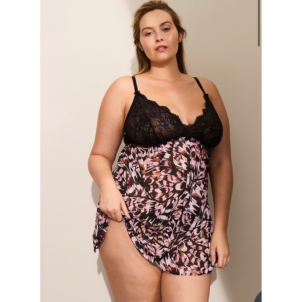 Cacique Lace Butterfly Print Babydoll Lingerie Set 22/24 Pink Black